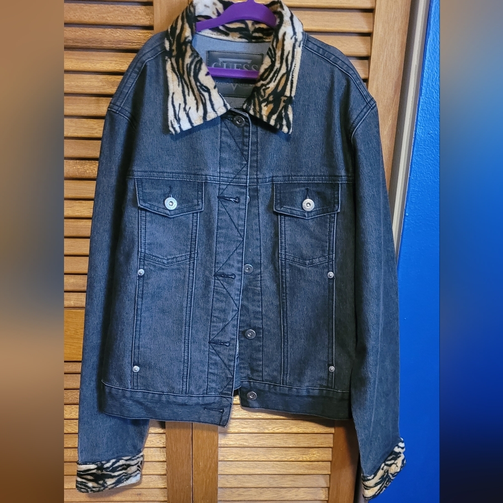 Guess Denim Jacket with Tiger Print Collar And Cuffs
